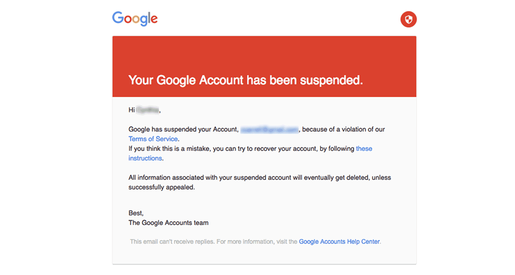 Gmail Account Suspended Notification