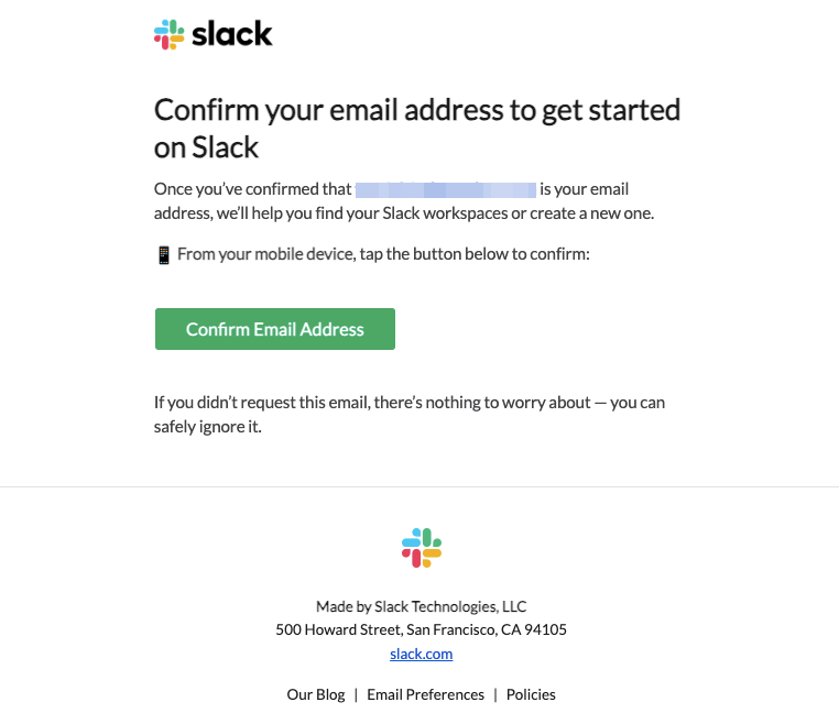Slack Email Confirmation Message