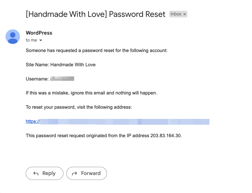 Wordpress Password Reset Email