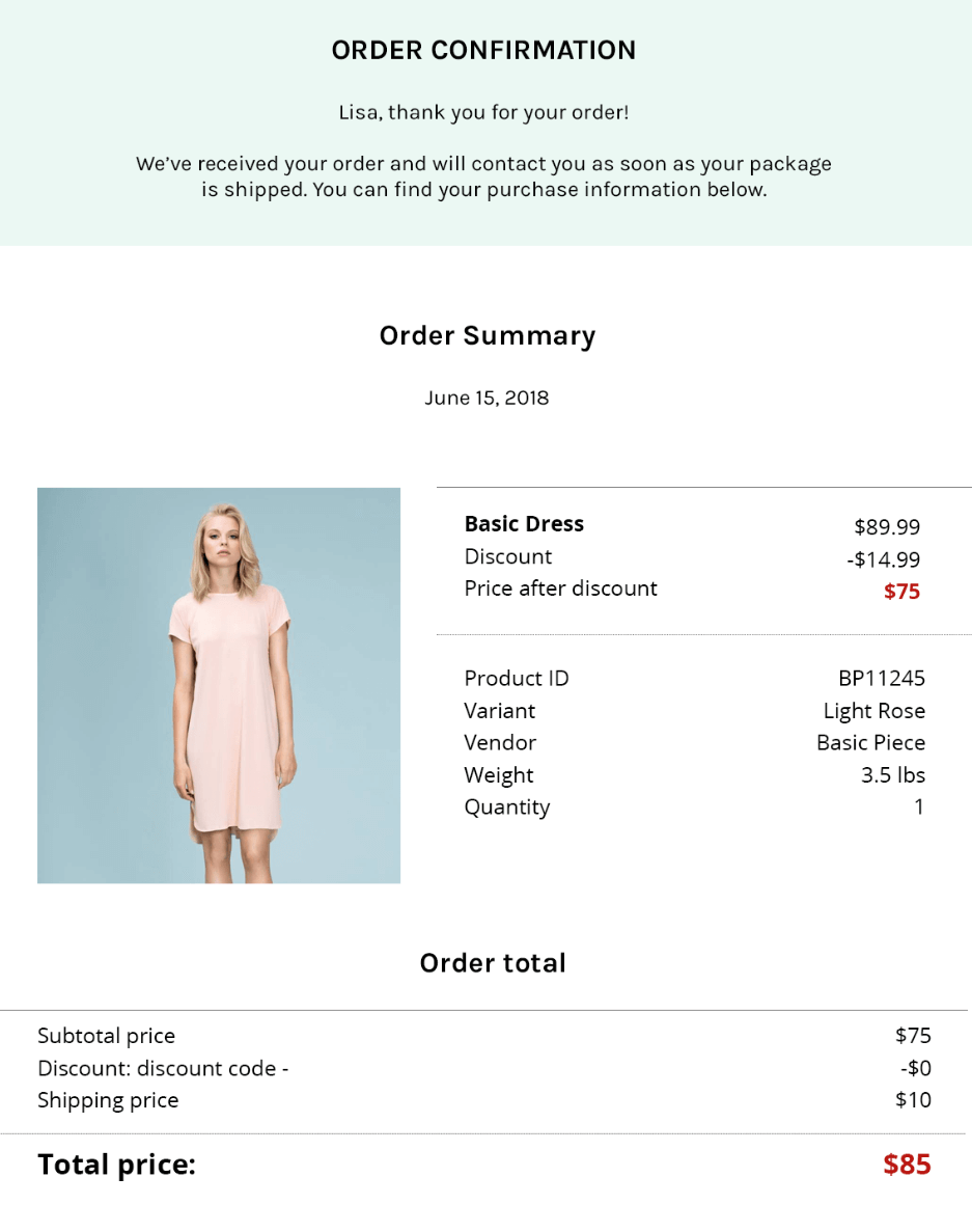 Order Confirmation Email Template